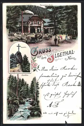 Lithographie Ilsenburg /Harz, Gasthaus Prinzess Ilse, Ilsestein und Ilsefälle im Ilsenthal