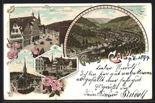 Lithographie Calw, Ortsansicht, Rathaus mit Marktplatz, Nicolauskapelle und Kirche