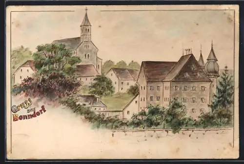 Künstler-AK Bonndorf / Schwarzwald, Ortspartie mit Kirche