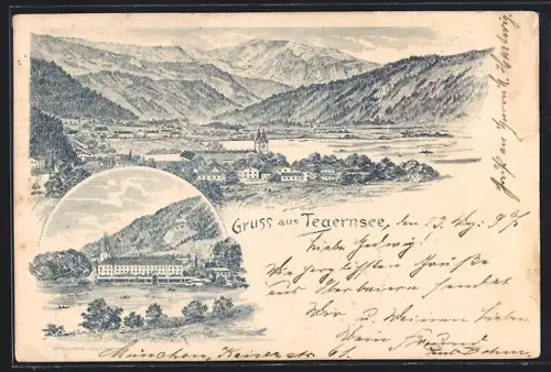 Lithographie Tegernsee, Panorama- u. Gebäudeansicht
