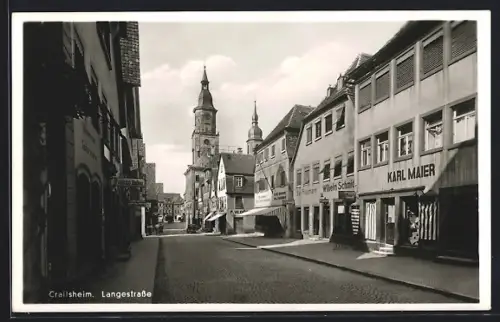 AK Crailsheim, Langestrasse mit Geschäften von Karl Maier u. Wilhelm Schmidt