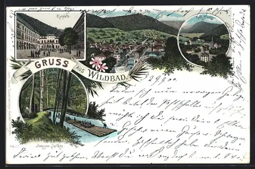 Lithographie Bad Wildbad, Kurplatz, Katholische Kirche, Anlagen-Partie