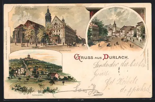 Lithographie Karlsruhe-Durchlach, Rathaus, Hauptstrasse & Turmberg