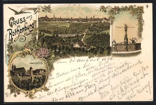 Lithographie Rothenburg / Tauber, Teilansicht, Jacobskirche, Georgen-Brunnen