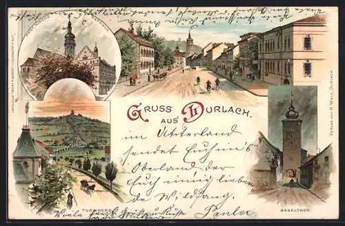 Lithographie Durlach, Turmberg, Prot. Kirche, Baselthor