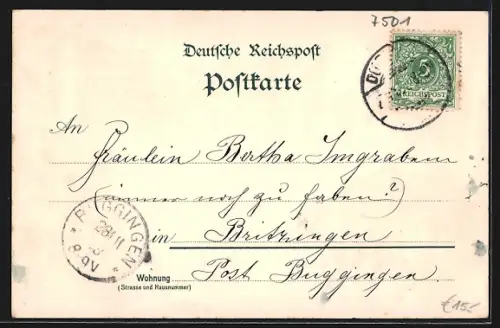 Lithographie Durlach, Turmberg, Prot. Kirche, Baselthor