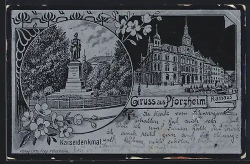 AK Pforzheim, Rathaus, Kaiserdenkmal