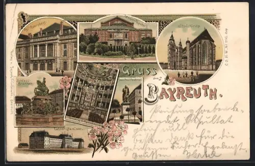 Lithographie Bayreuth, Schloss-Brunnen, Opernhaus und Stadtkirche