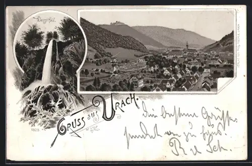 Lithographie Urach, Wasserfall, Totalansicht vom Ort