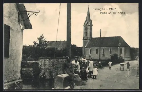 AK Essingen i. Pfalz, Strassenpartie mit Kirche