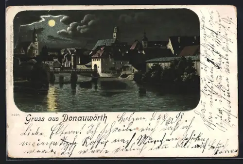 Lithographie Donauwörth, Ortsansicht vom Wasser aus
