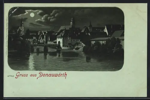Mondschein-Lithographie Donauwörth, Uferpartie mit Kirche