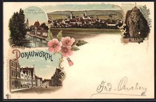 Lithographie Donauwörth, Förberthürl mit Heilig Kreuz-Kirche, Mangoldstein, Reichsstrasse