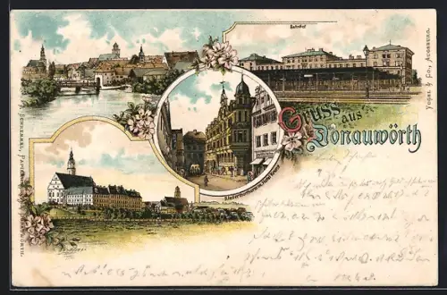 Lithographie Donauwörth, Bahnhof, Hotel Krone