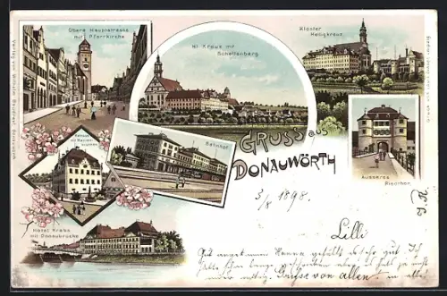 Lithographie Donauwörth, Bahnhof, Kloster Heiligkreuz, Hotel Krebs mit Donaubrücke