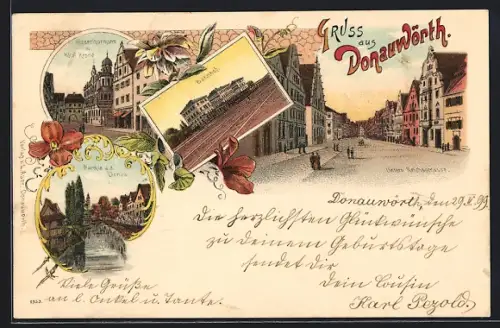 Lithographie Donauwörth, Hotel Krone, Bahnhof, Untere Reichsstrasse