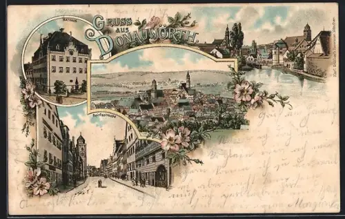 Lithographie Donauwörth, Rathaus, Reichsstrasse, Ortsansicht