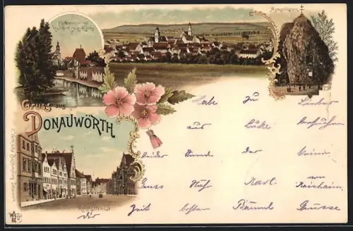 Lithographie Donauwörth, Förberthürl mit Heilig Kreuz-Kirche, Mangoldstein, Reichsstrasse