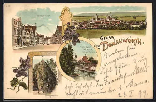 Lithographie Donauwörth, Färberthürl mit Heilig Kreuz-Kirche und Ortsansicht