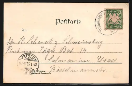 Lithographie Donauwörth, Färberthürl mit Heilig Kreuz-Kirche und Ortsansicht