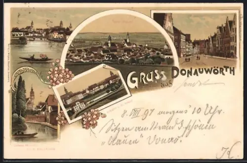 Lithographie Donauwörth, Totalansicht, Ansicht vom Hl. Kreuz, innere Wörnitz