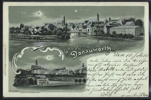 Mondschein-Lithographie Donauwörth, Uferpartie mit Kirche, Ortspartie