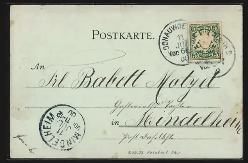 Mondschein-Lithographie Donauwörth, Uferpartie mit Kirche, Ortspartie