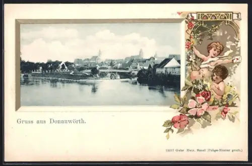 Passepartout-Lithographie Donauwörth, Uferpartie, Kinder mit Kuvert