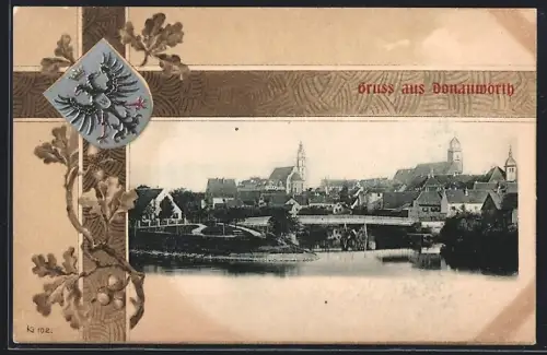 AK Donauwörth, Panorama mit Brücke, Wappen