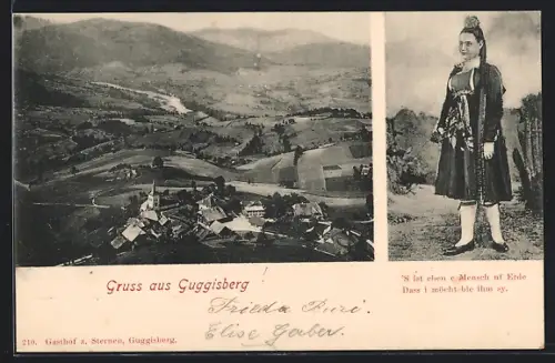 AK Guggisberg, Gesamtansicht aus der Vogelschau und Frau in Tracht
