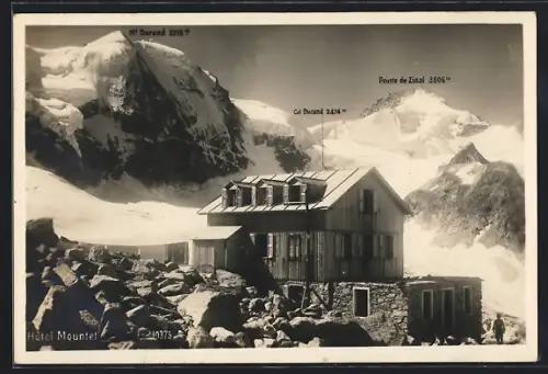 AK Zinal, Hotel Mountet, Blick auf Col Durand, Pointe de Zinal und Mt. Durand