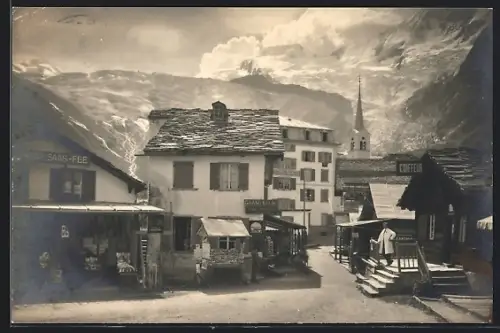 AK Saas-Fee, Alphubel-Täschhorn und Feegletscher, Hotel du Glacier, Grand Bazar