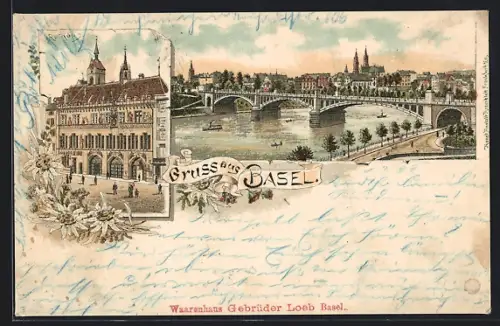 Lithographie Basel, Rathaus und Teilansicht der Stadt mit grosser Brücke und Dampfer, Edelweissblüten