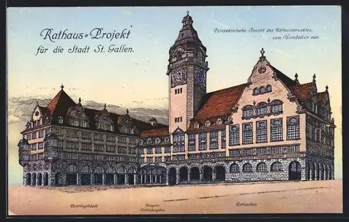 Lithographie St. Gallen, Rathaus-Projekt vom Weinfalken gesehen