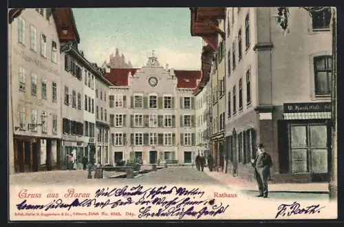 AK Aarau, Rathaus, Frontansicht mit Geschäften und Passanten