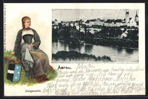 AK Aarau, Ortsansicht über den Fluss, Aargauerin in Tracht