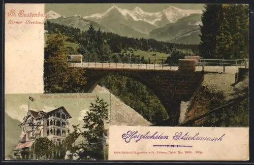 AK St. Beatenberg, Hotel Pension National, Gebirgspanorama im Berner Oberland