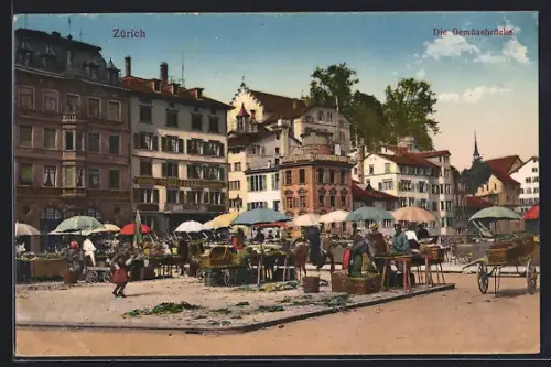 AK Zürich, Wochenmarkt an der Gemüsebrücke