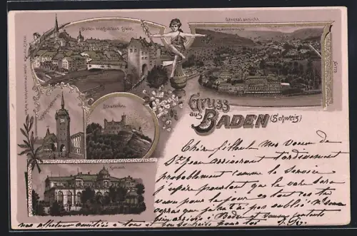 Lithographie Baden, Schloss Stein, Schartenfels, Kurhaus