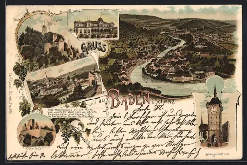 Lithographie Baden, Casino, Schloss Stein, Schartenfeld, Gefängnisturm