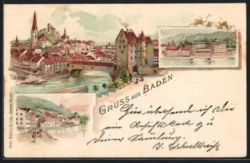 Lithographie Baden, Flusspartie mit Brücke, Uferpartie mit Passanten