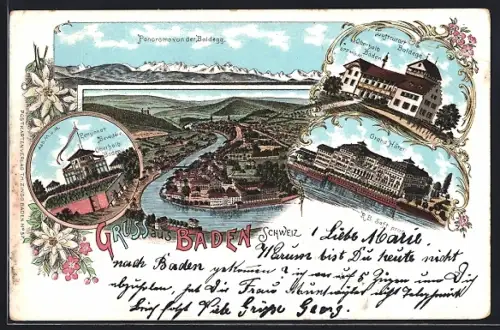 Lithographie Baden, Grand Hotel, Pensionat Belvédére, Panorama