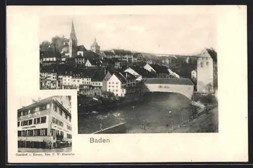 AK Baden, Gasthof z. Krone von F. W. Gurzeler, Flusspartie mit Brücke