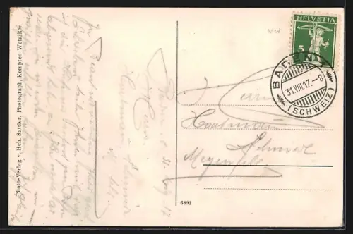 AK Baden, Gasthof z. Krone von F. W. Gurzeler, Flusspartie mit Brücke