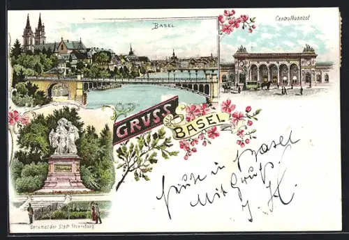 Lithographie Basel, Teilansicht, Centralbahnhof, Denkmla der Stadt Strassburg