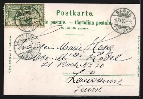 Lithographie Basel, Teilansicht, Centralbahnhof, Denkmla der Stadt Strassburg