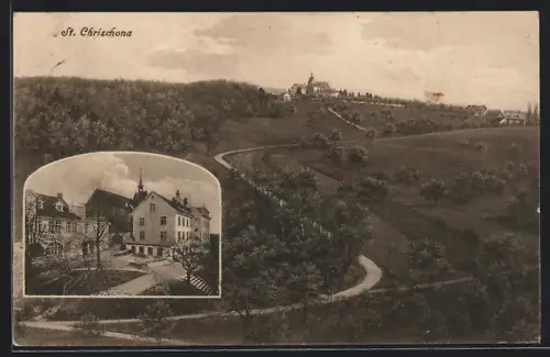 AK St. Chrischona, Strassenpartie und Gesamtansicht von Weitem