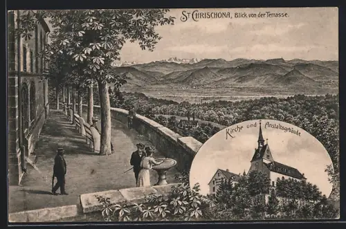 AK St. Chrischona, Blick von der Terrasse auf St. Chrischona, Kirche u. Anstaltsgebäude