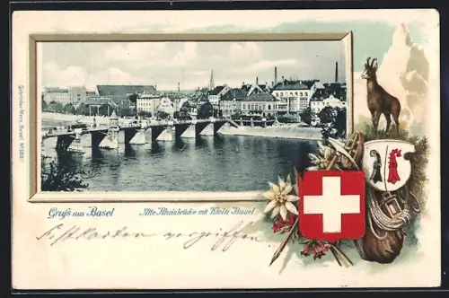 Lithographie Basel, Alte Rheinbrücke mit Klein-Basel, Gams mit Wappen