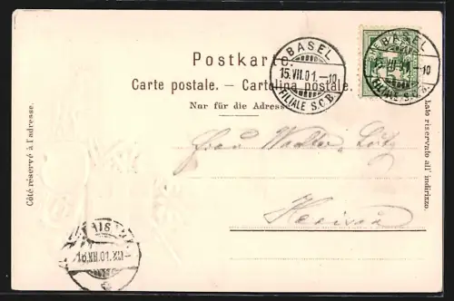 Lithographie Basel, Alte Rheinbrücke mit Klein-Basel, Gams mit Wappen